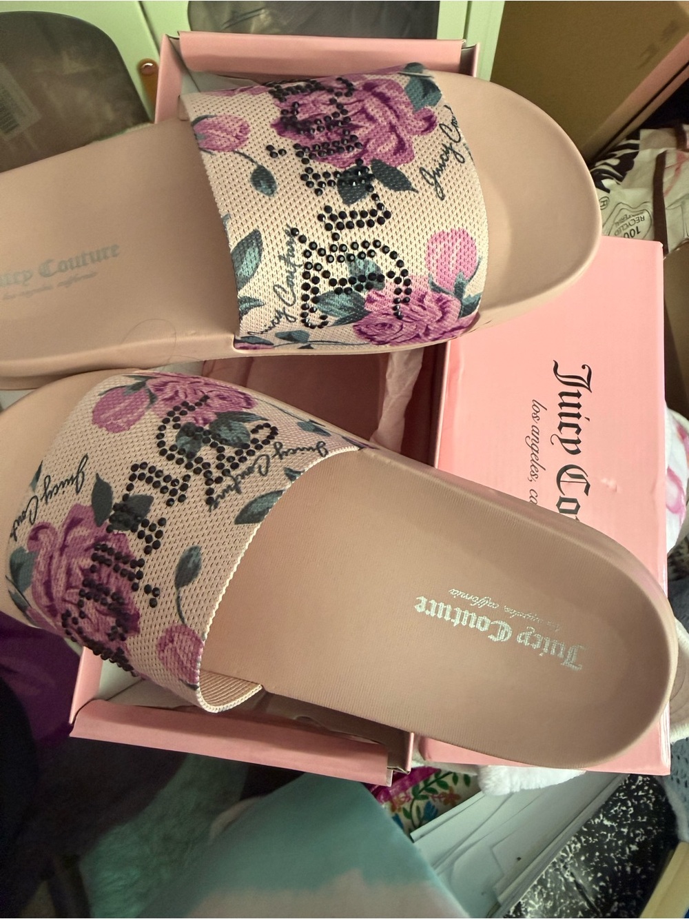 Juicy Couture Pink Floral Crystal-Embellished Slide Sandals